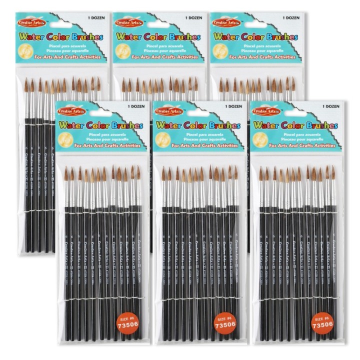 Charles Leonard Water Color Paint Brushes with Round Pointed Tip, # 6, 11/16", Camel Hair, Black Handle, 12 Per Pack, 6 Packs
