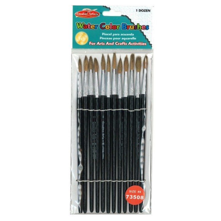 Charles Leonard Water Color Paint Brushes with Round Pointed Tip, # 8, 0.81 Inch, Camel Hair, Black Handle, Pack of 12