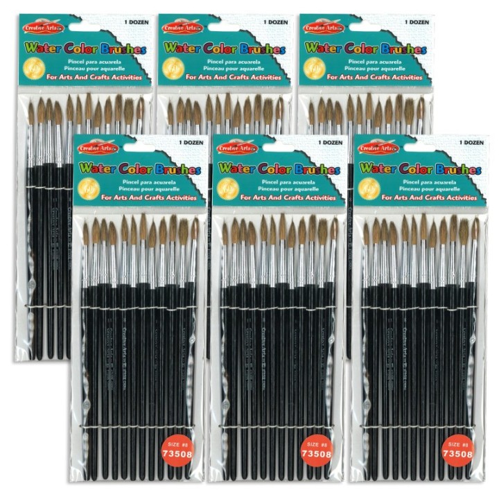 Charles Leonard Water Color Paint Brushes with Round Pointed Tip, # 8, 0.81 Inch, Camel Hair, Black Handle, 12 Per Pack, 6 Packs