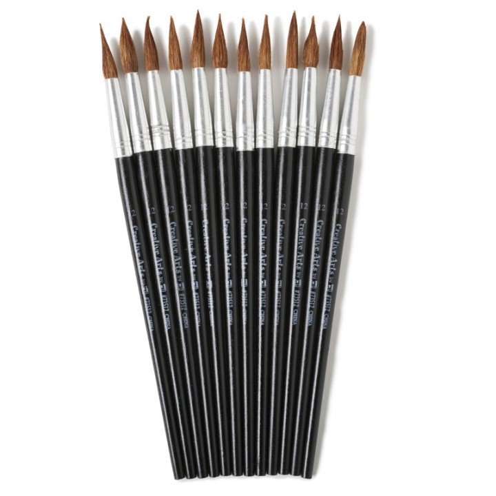 Charles Leonard Water Color Paint Brushes with Round Pointed Tip, # 12, 1.06 Inch, Camel Hair, Black Handle, Pack of 12