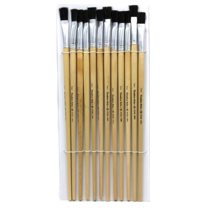 Charles Leonard Flat Tip Easel Paint Brushes with Long Handle, 1/2", Natural Handles & Black Bristles, Pack of 12