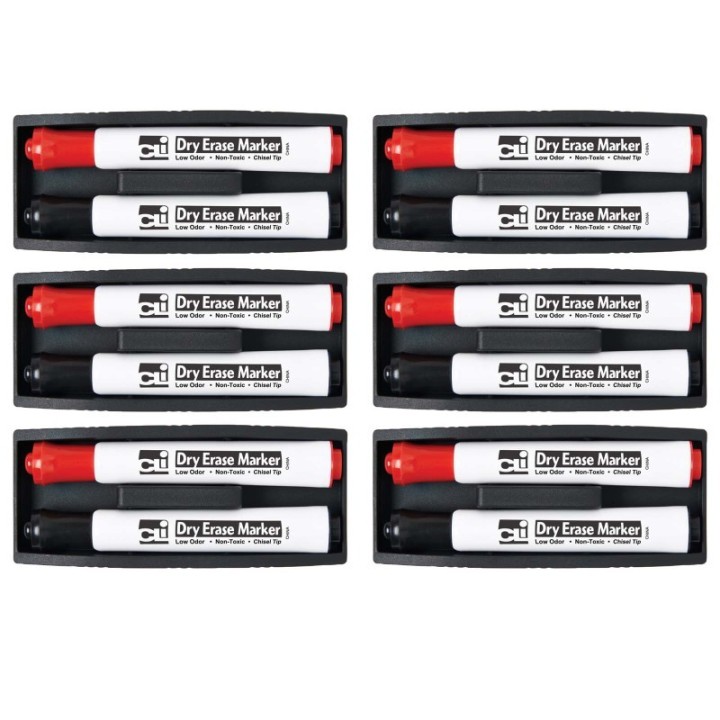 Charles Leonard Magnetic Whiteboard Eraser with 2 Dry Erase Markers, Pack of 6