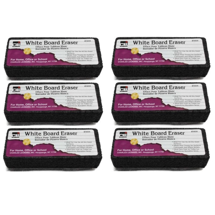 Charles Leonard Whiteboard Eraser, Felt/Foam, Gray and Black, Pack of 6