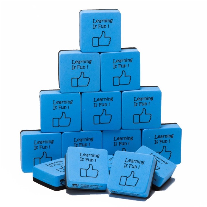 Charles Leonard Whiteboard Erasers, Felt and Foam, Learning is Fun Style, 2 x 2", Blue/Black, Pack of 15