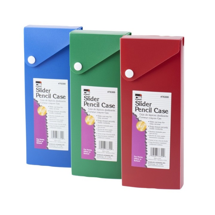 Charles Leonard Slider Pencil Case Box, Slide Out Tray, Snap Closure, Assorted Colors, Pack of 24