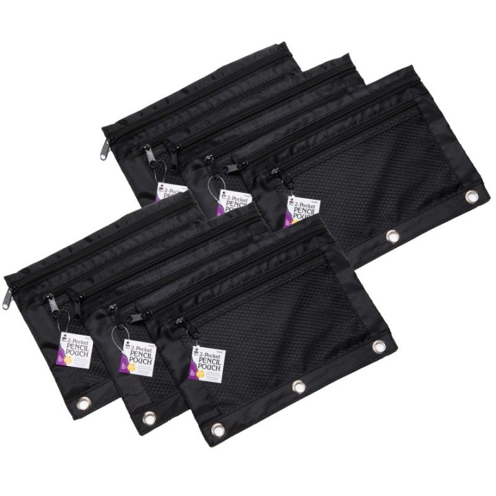 Charles Leonard Pencil Pouch, 2 Pocket with Mesh Front, Black, Pack of 6