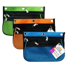 Charles Leonard 3 Pocket Pencil Pouch, Expanding to 2.25", 10.25"W x 7.25"H x 2.5"D - Assorted Colors, Pack of 3