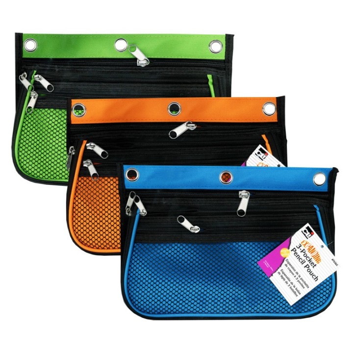 Charles Leonard 3 Pocket Pencil Pouch, Expanding to 2.25", 10.25"W x 7.25"H x 2.5"D - Assorted Colors, Pack of 3