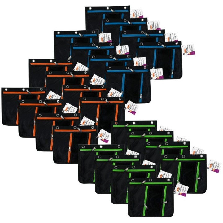 Charles Leonard Expanding Pencil Pouch, 3 Pocket, 11"W x 9.5"H x 1"D, Assorted Colors, Pack of 24