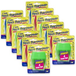 Charles Leonard Two-Hole Pencil Sharpener w/Catcher, Bonus Erasers, Assorted Colors, Set of 12
