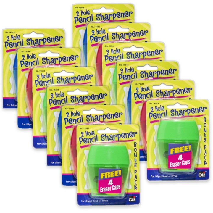 Charles Leonard Two-Hole Pencil Sharpener w/Catcher, Bonus Erasers, Assorted Colors, Set of 12