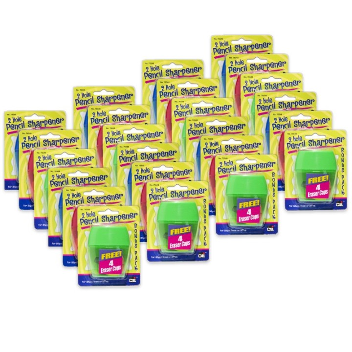 Charles Leonard 3 Hole Pencil Sharpener w/catcher, Assorted Colors, 12 per Pack, 2 Packs