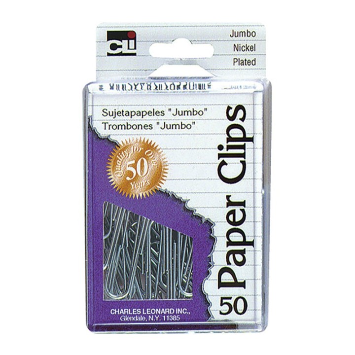 Charles Leonard Jumbo Paper Clips, Pack of 50, Silver