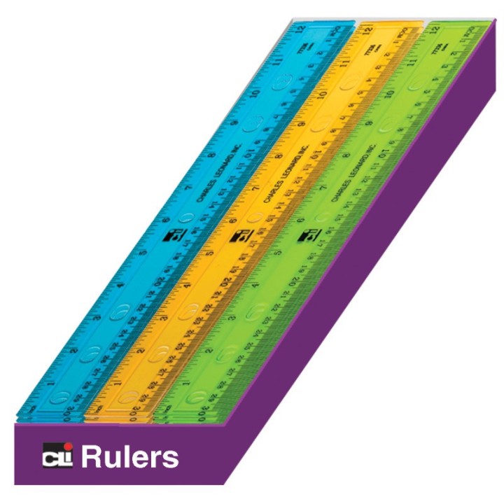 Charles Leonard Plastic 12" Ruler, Flat, Translucent Assorted Colors, Pack of 36