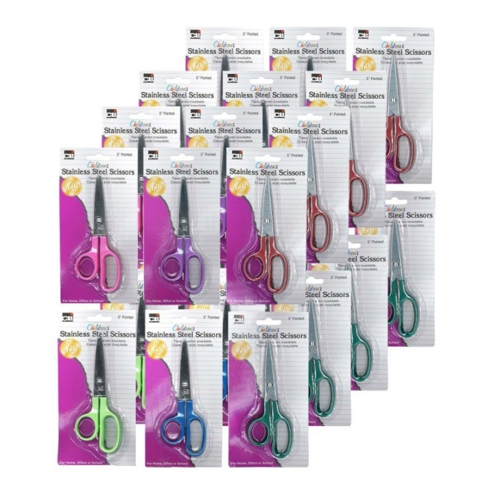 Charles Leonard Children's 5" Scissors, Pointed Tip, Assorted Colors, Pack of 24