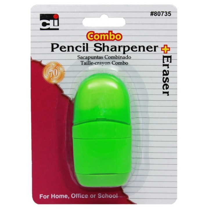 Charles Leonard Pencil Sharpener/Eraser Combo, 1 Hole with Eraser, Plastic, with Receptacle, Assorted Colors