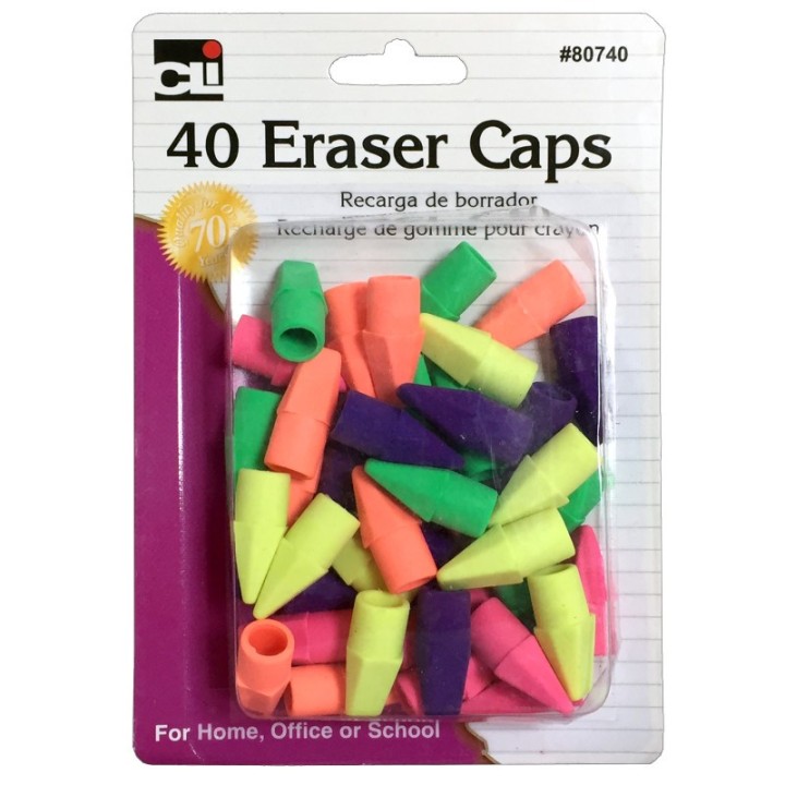 Charles Leonard Pencil Eraser, Caps, Assorted Colors, Pack of 40