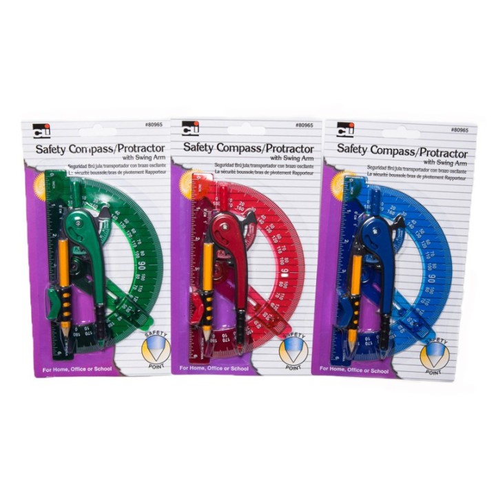 Charles Leonard Compass Safety and 6" Swing Arm Protractor, Assorted Colors, Pack of 12