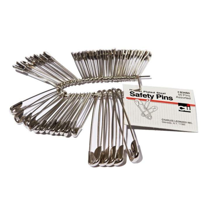 Charles Leonard Safety Pins, Assorted Sizes, Pack of 50