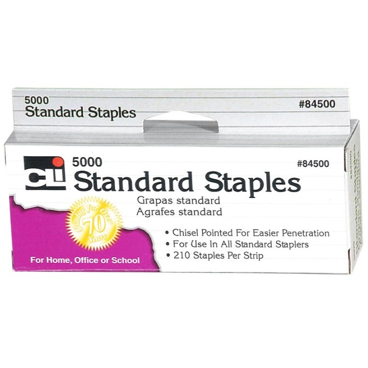 Charles Leonard Staples, Standard 26/6 Size, Chisel Pointed Carbon Steel, Silver, 5000/Box