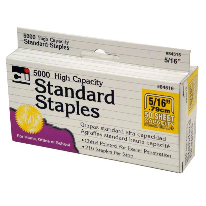 Charles Leonard High Capacity Standard Staples, 5/16 Inch Leg Length, Silver, 5000/Box