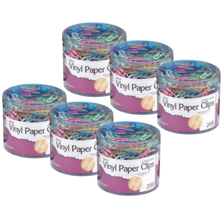Charles Leonard Vinyl Coated Paper Clips, Jumbo Size, Assorted Colors, 200 Per Pack, 6 Packs