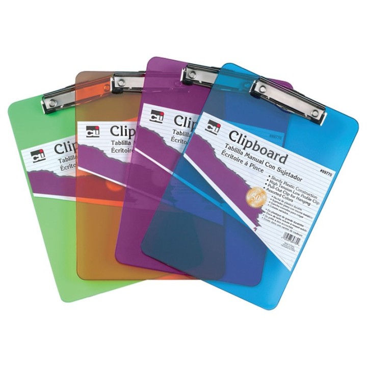 Charles Leonard Transparent Plastic Clipboard, Low Profile Clip and Pull Out Hook, Letter Size, Assorted Neon Colors