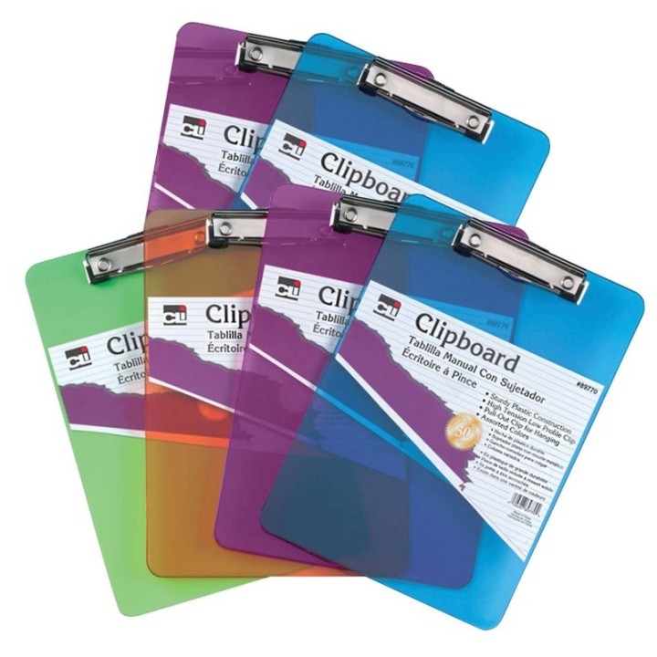 Charles Leonard Plastic Clipboard, Letter, Assorted Colors, Pack of 6