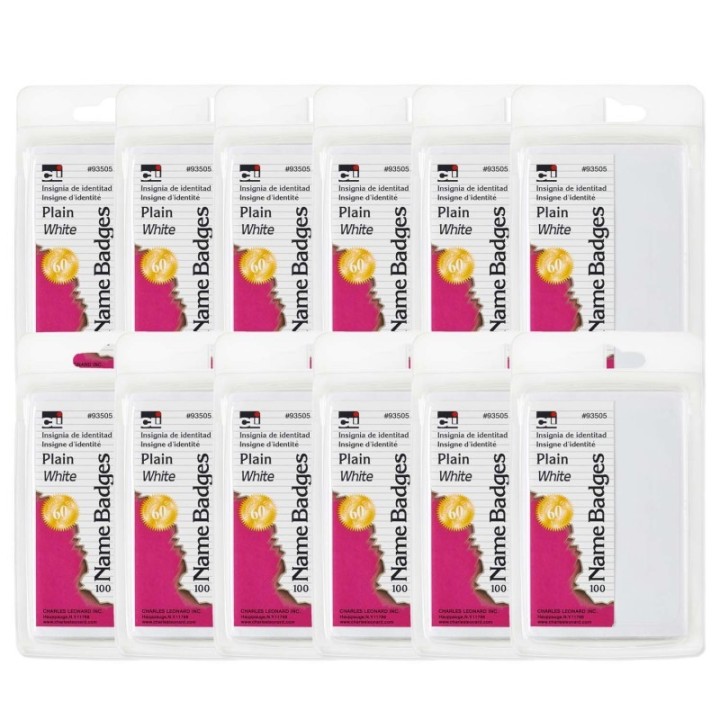 Charles Leonard Self-Adhesive Name Badges, Plain, White, 100 Per Pack, 12 Packs