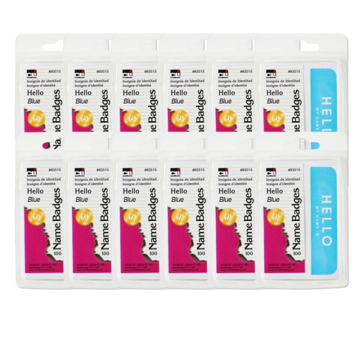 Charles Leonard Self-Adhesive Name Badges, Hello, Blue, 100 Per Pack, 12 Packs