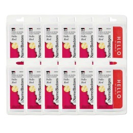 Charles Leonard Self-Adhesive Name Badges, Hello, Red, 100 Per Pack, 12 Packs