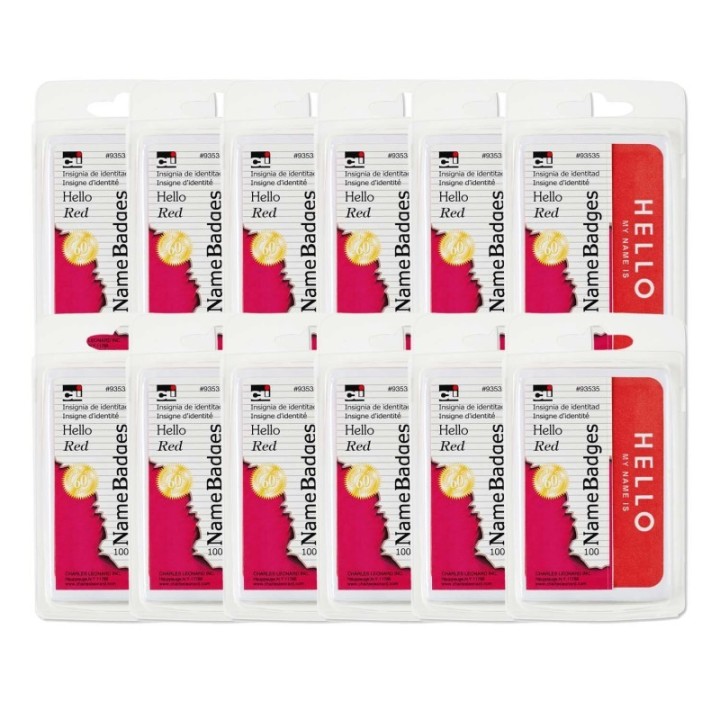 Charles Leonard Self-Adhesive Name Badges, Hello, Red, 100 Per Pack, 12 Packs