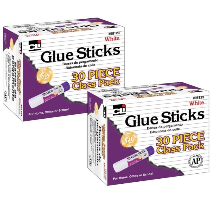 Charles Leonard Glue Stick Classpack, .28 oz., White, 30 Per Pack, 2 Packs