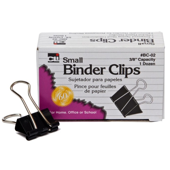 Charles Leonard Binder Clips, Small, 3/8" Capacity, Box of 12