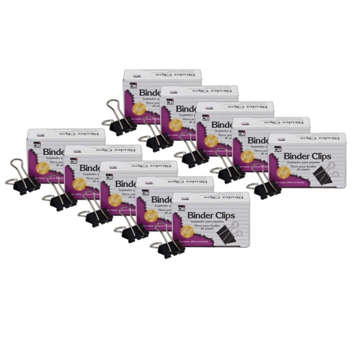 Charles Leonard Binder Clips, Large, 1" Capacity, Black/Silver, 12 Per Box, 10 Boxes