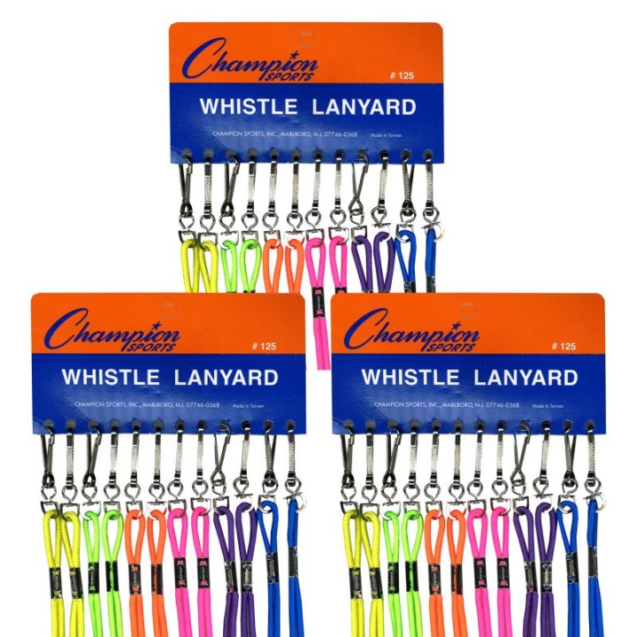 Champion Sports Assorted Neon Nylon Lanyards, 12 Per Pack, 3 Packs