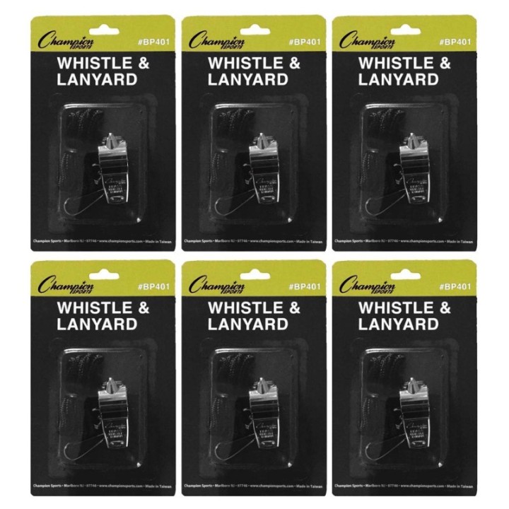 Champion Sports Metal Whistle & Black Lanyard Pack, 6 Packs