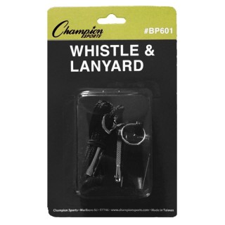 Champion Sports Plastic Whistle & Black Lanyard Pack