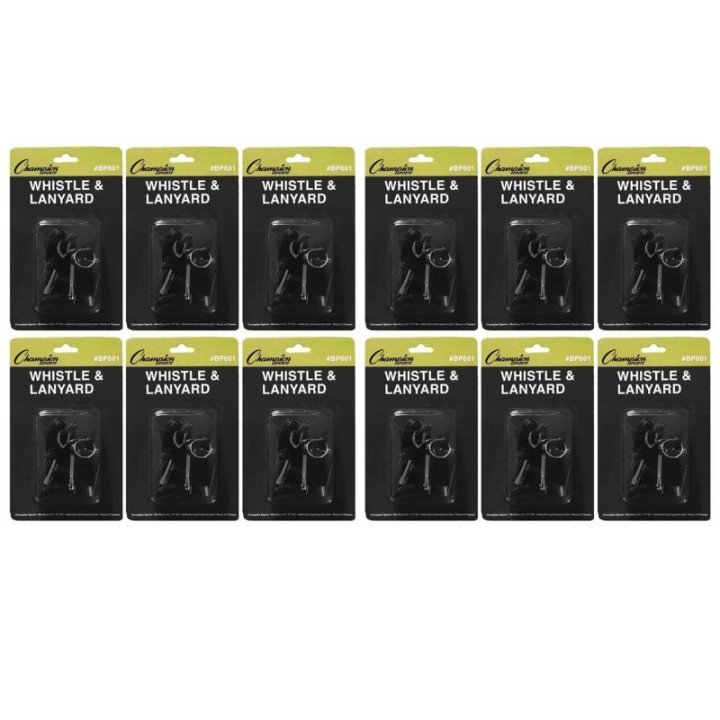 Champion Sports Plastic Whistle & Black Lanyard Pack, 12 Packs
