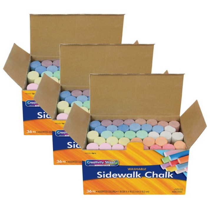 Creativity Street® Sidewalk Chalk, Assorted Colors, 4", 36 Pieces Per Pack, 3 Packs