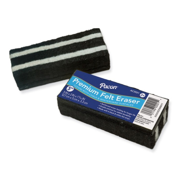 Pacon® Chalk & Whiteboard Eraser, Premium, 6 Black & White Felt Strips, Double-Stitched, Reinforced Backing, 5", 1 Eraser