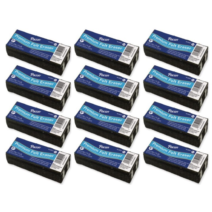 Pacon® Chalk & Whiteboard Eraser, Premium, 6 Black & White Felt Strips, Double-Stitched, Reinforced Backing, 5", Pack of 12