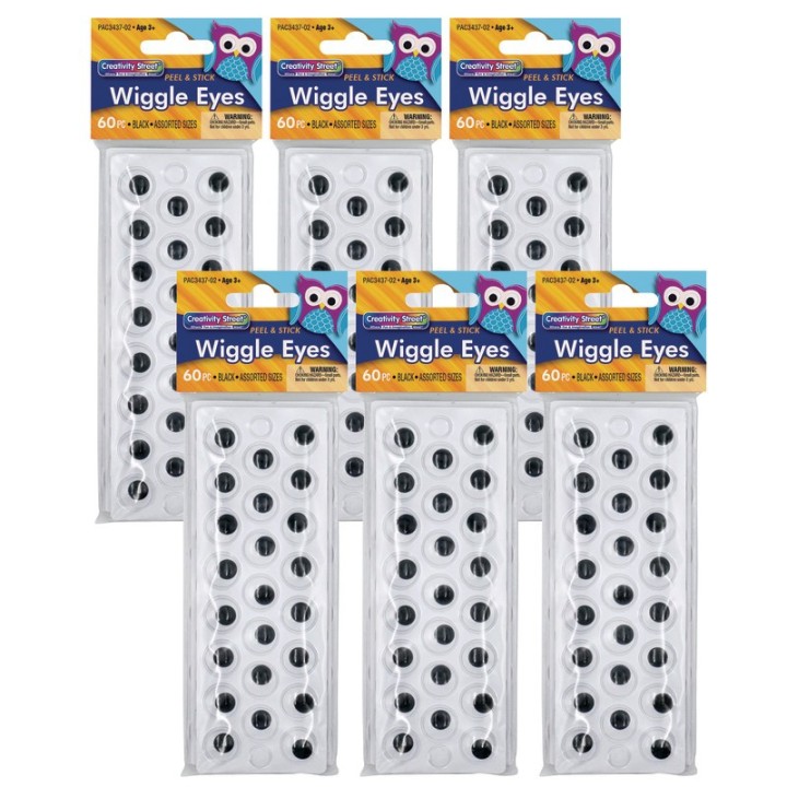 Creativity Street® Peel & Stick Wiggle Eyes on Sheets, Black, Assorted Sizes, 60 Per Pack, 6 Packs