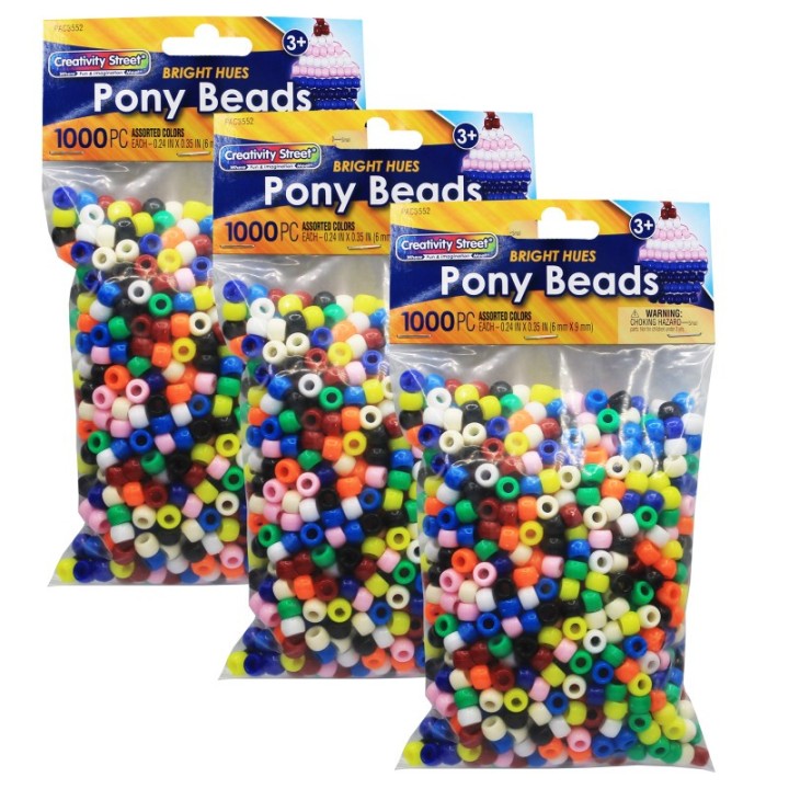 Creativity Street® Pony Beads, Assorted Bright Hues, 6 mm x 9 mm, 1000 Per Pack, 3 Packs