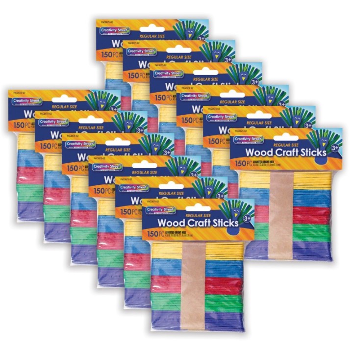 Creativity Street® Regular Craft Sticks, Bright Hues Assorted, 4 1/2" x 3/8" x 2mm, 150 Per Pack, 12 Packs
