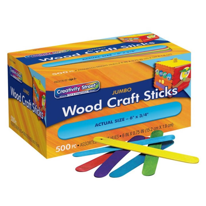 Creativity Street® Jumbo Craft Sticks, Bright Hues Assorted, 6" x 0.75", 500 Pieces