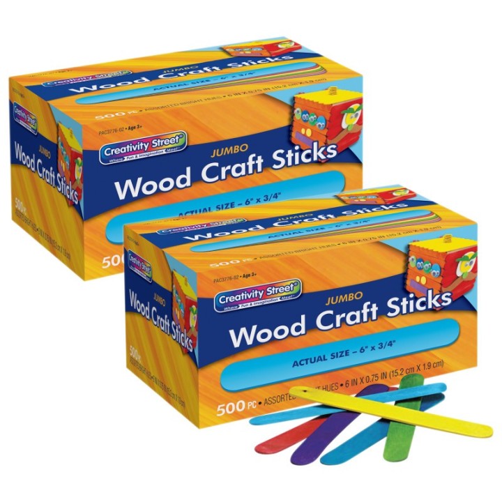 Creativity Street® Jumbo Craft Sticks, Bright Hues Assorted, 6" x 0.75", 500 Pieces Per Pack, 2 Packs