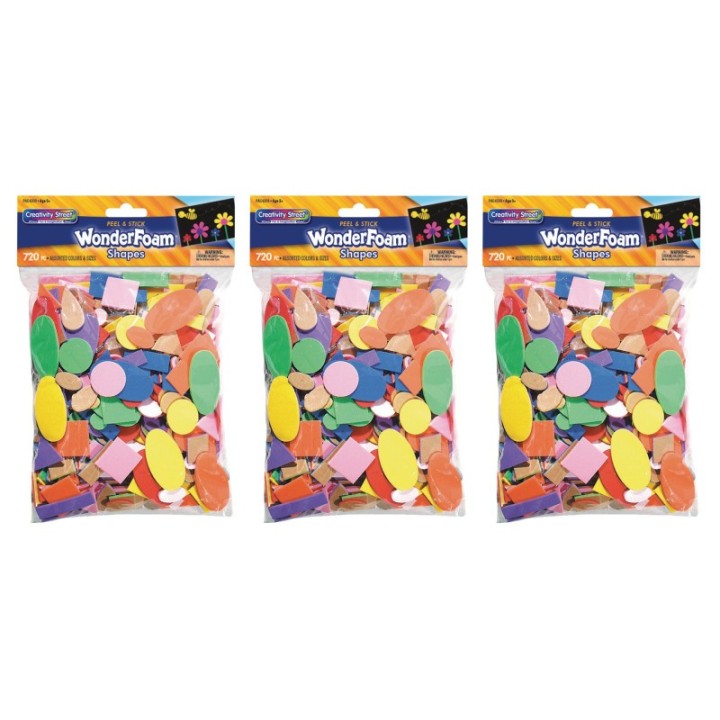 Creativity Street® WonderFoam® Peel & Stick Shapes, Assorted Shapes, Colors & Sizes, 720 Pieces Per Pack, 3 Packs