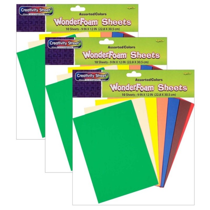 Creativity Street® WonderFoam® Sheets, Assorted 10 Colors, 9" x 12", 10 Per Pack, 3 Packs