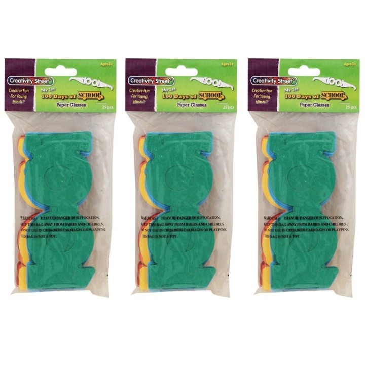 Creativity Street® 100 Days of School Paper Glasses, 2.5" x 16", 25 Per Pack, 3 Packs
